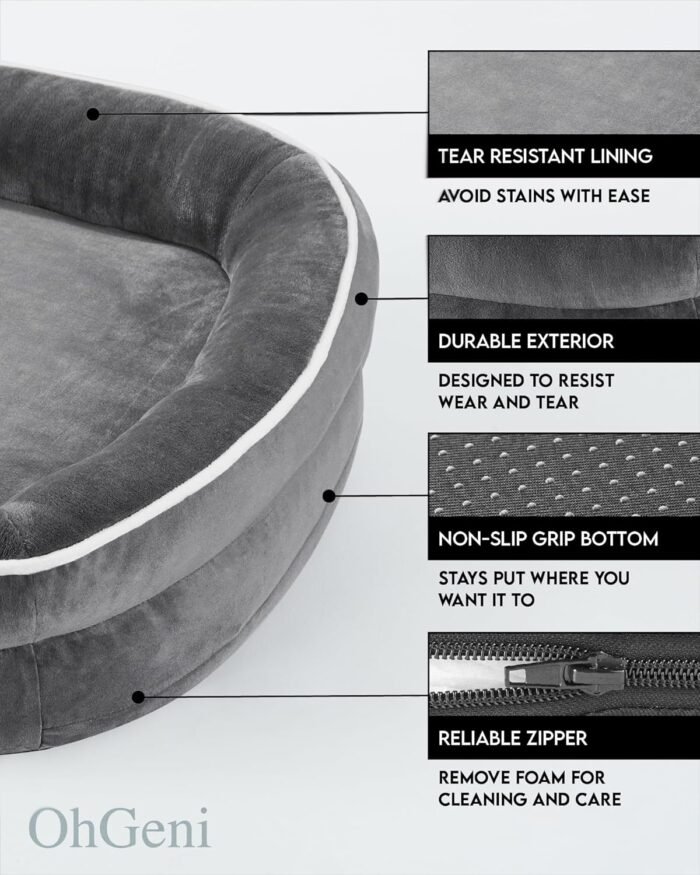 OhGeni Orthopedic Dog Bed Couch for Large Sized Pets with Egg Foam Support, Four-Sided Bolster Cushions, Soft Tear-Resistant Fabric, and Removable Machine Washable Plush Cover 35-Inch (Gray)