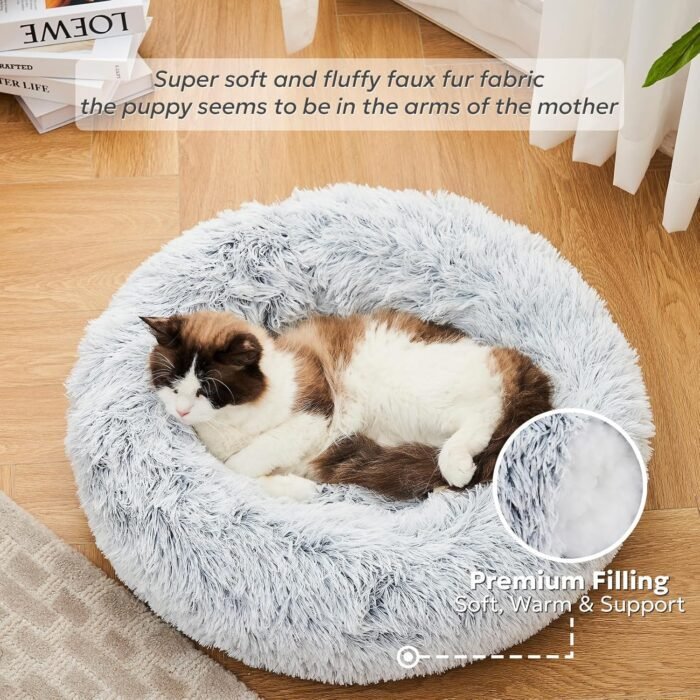 Calming Small Dog Bed, Anti-Anxiety Donut Cuddler Pet Beds Washable, Cozy Soft Puppy Bed, Fluffy Faux Fur Plush Pet Cushion for Small Medium Dogs & Cats (Light Grey, 20")