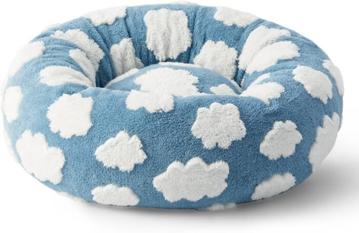 LE SURE Donut Small Dog Bed - Round Cat Beds for Indoor Cats Calming Pet Beds, Cute Modern Beds with Jacquard Shaggy Plush & Anti Slip Bottom, 30 Inch, Blue,M (30x30x8)