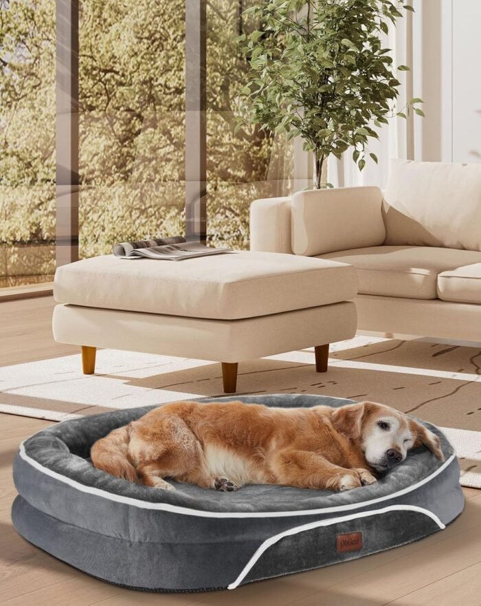OhGeni Orthopedic Dog Bed Couch for Large Sized Pets with Egg Foam Support, Four-Sided Bolster Cushions, Soft Tear-Resistant Fabric, and Removable Machine Washable Plush Cover 35-Inch (Gray)