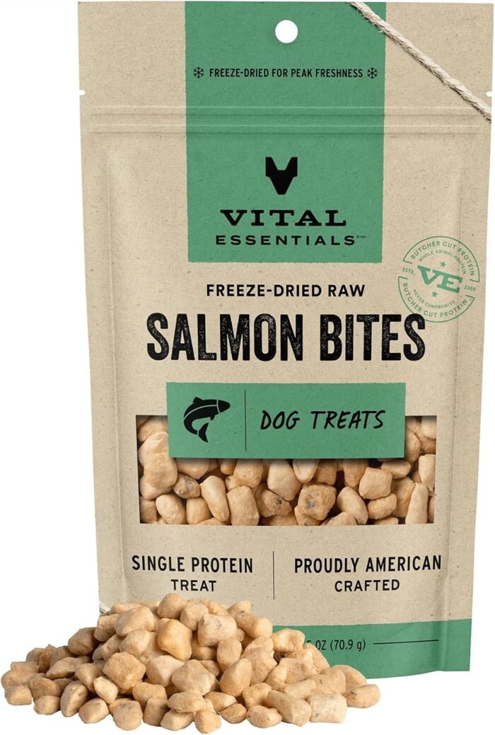 Vital Essentials Freeze Dried Raw Salmon Bites Dog Treats, 2.5 oz | Premium Quality High Protein Training Treats | Grain Free, Gluten Free, Filler Free