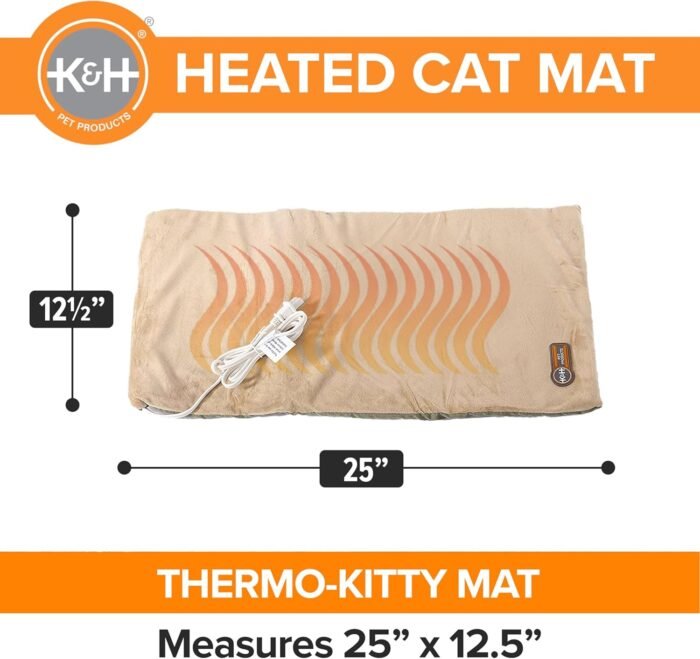 81D7ZtsbiL._AC_SL1500_.jpg K&H Pet Products Heated Cat Bed Pad for Indoor Cats, Thermo-Kitty Mat Calming Warm Pet Heating Pad for Inside Pets, Machine Washable, Waterproof Heater, Safety Listed - 12.5 X 25in Sage/Tan