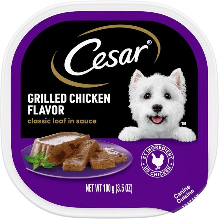 CESAR Adult Wet Dog Food Classic Loaf in Sauce Grilled Chicken Flavor, 3.5 oz. Easy Peel Trays (24 Count, Pack of 1)