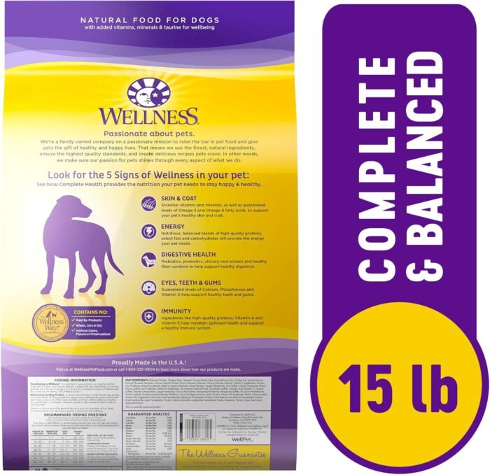 81DQ2j5raZL._AC_SL1500_.jpg Wellness Complete Health Dry Dog Food with Grains, Natural Ingredients, Made in USA with Real Meat, All Breeds, For Adult Dogs (Chicken & Oatmeal, 15-Pound Bag)