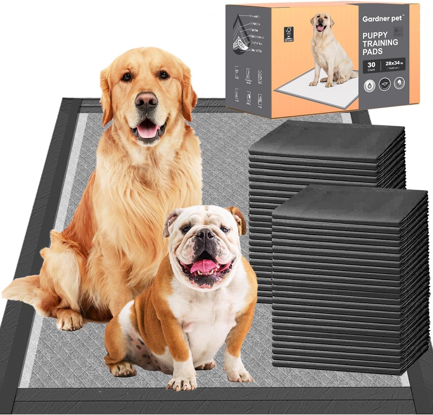 Charcoal Puppy Pads 28×34 Inches Extra Large Dog Pee Pads Odor-Control & Leak-Proof Disposable Pet Training Black New Edge-Wrapping Thicken Potty Pad for Dogs, Cats, Rabbits (50 Pieces)