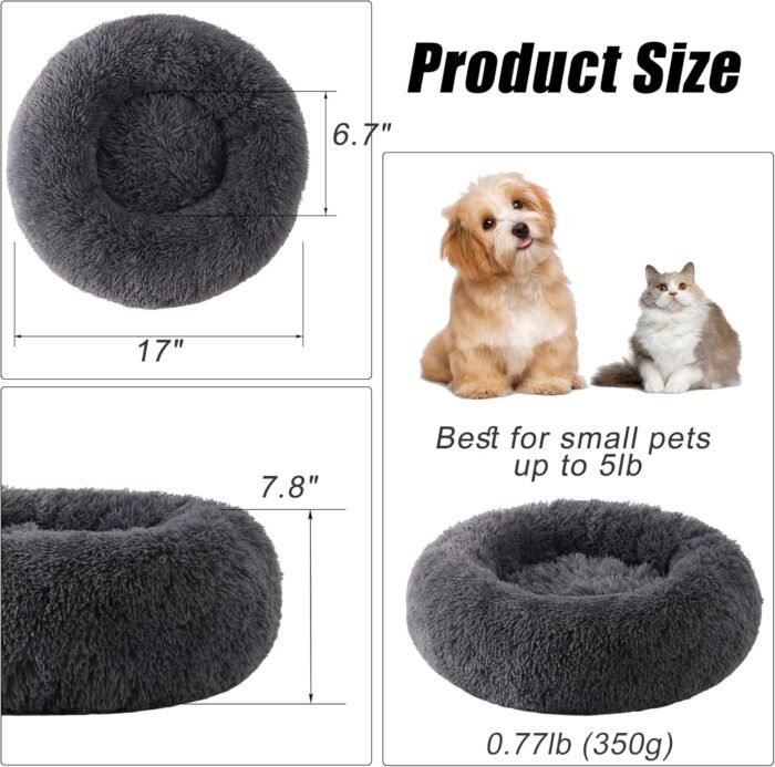 Calming Dog Bed, Dog Beds for Small Melium Dogs, Fluffy Donut Dog & Cat Bed Washable, Round Anti Anxiety Dog Bed, Small Dog Bed with Non-Slip Bottom (Dark Grey, 17" x 17")