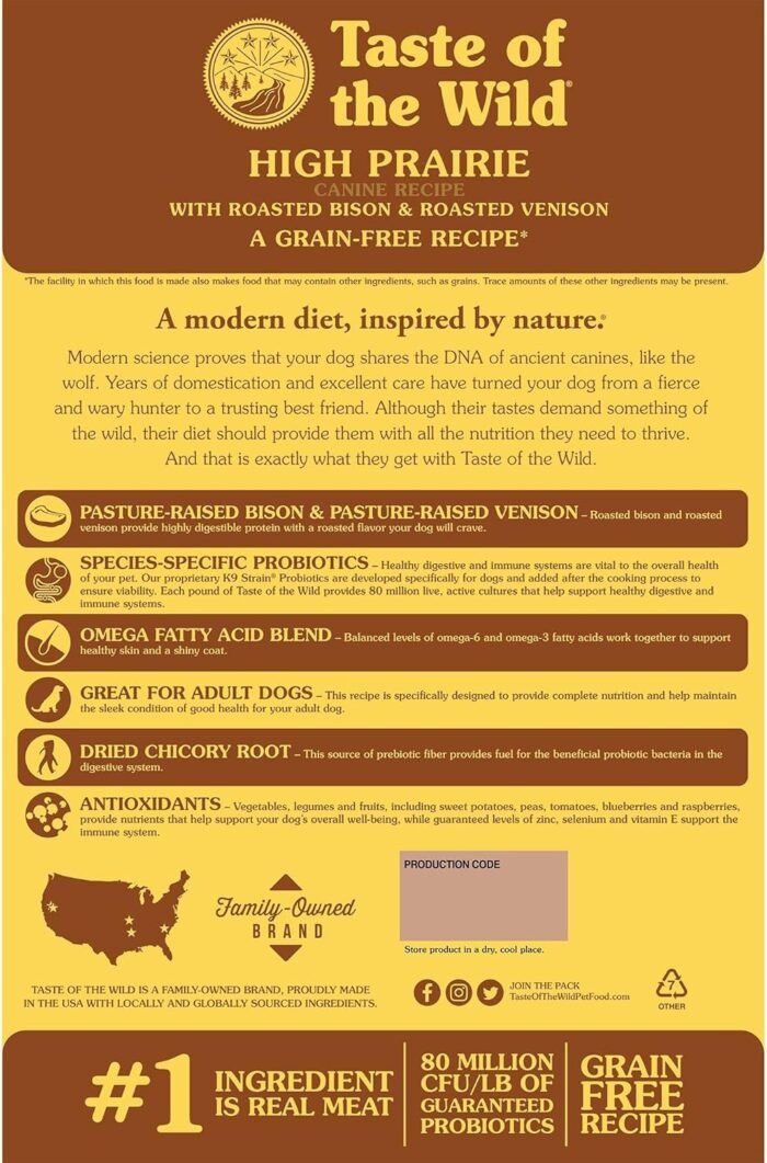 Taste of the Wild High Prairie Canine Grain-Free Recipe with Roasted Bison and Roasted Venison Adult Dry Dog Food, Made with High Protein from Real Meat and Guaranteed Nutrients and Probiotics 14lb