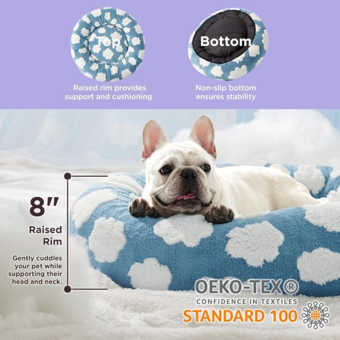 LE SURE Donut Small Dog Bed - Round Cat Beds for Indoor Cats Calming Pet Beds, Cute Modern Beds with Jacquard Shaggy Plush & Anti Slip Bottom, 30 Inch, Blue,M (30x30x8)