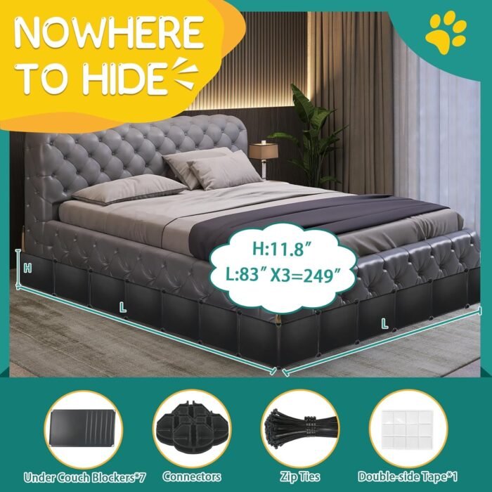 21 Pack Under Bed & Couch Blocker for Pets and Toys - 249" Length, 11.8" Height for One Side of Queen Bed | Includes Sticky Tape, Connectors & Zip Ties - Black