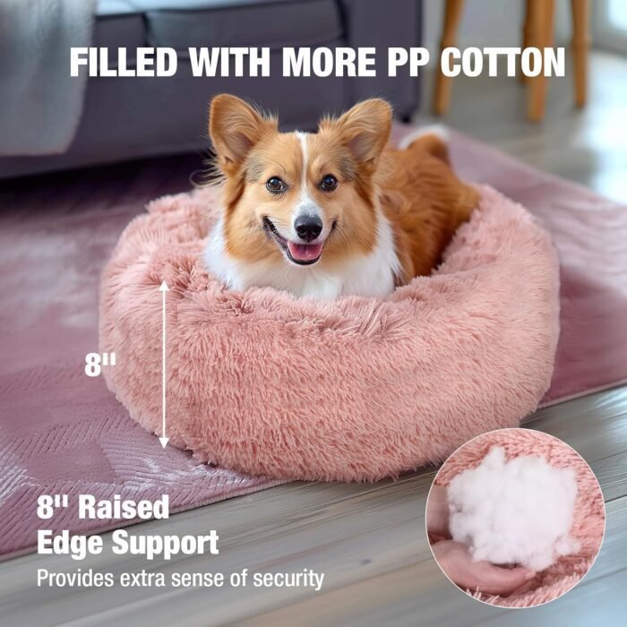 Veehoo Calming Cat Bed & Dog Bed, Anti-Anxiety Donut-Shaped, Plush Faux Fur & Cotton, 20" Pink, Machine Washable, 15 lbs Max Weight