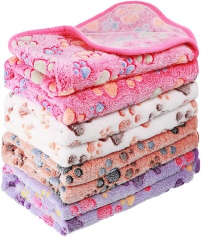 Tatuo 4 Pcs Dog Blanket for Pet Puppy Teething Toys Paw Print Fleece Blanket for Pet Cat Soft Warm Sleep Mat Guinea Pig Cage Mat(Small(24 x 16 Inch),White, Coffee, Pink, Purple)