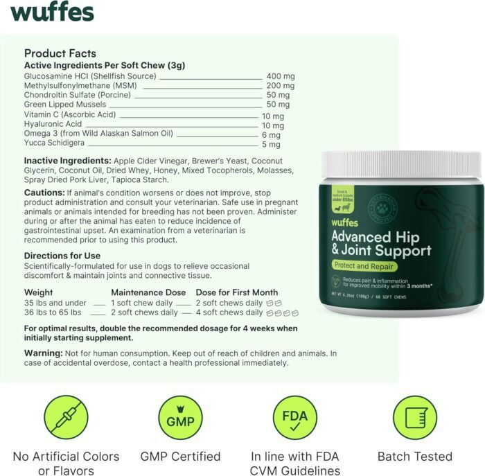 Wuffes Chewable Dog Hip & Joint Supplement - Glucosamine & Chondroitin Chews - Dog Joint Supplements & Vitamins - Extended Joint Care (Small&Medium Breeds (0-65 lbs), 120 Chews (Pack of 2))