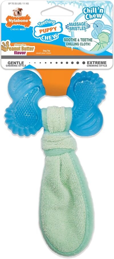 Nylabone Freezer Bone Puppy Chew Toy, Soothing Teething Toys for Puppies, Rubber & Terry Cloth, Peanut Butter Flavor, Small - Up to 25 lbs, 1 Count
