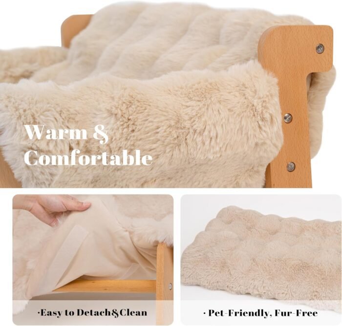 Raised Cat Couch Bed for Indoor Cats, Elevated Dog Sofa Recliner Fluffy Pet Lounge Chair Suitable for Small and Medium Dog, Wooden Cat Furniture(Cat Sofa Khaki)