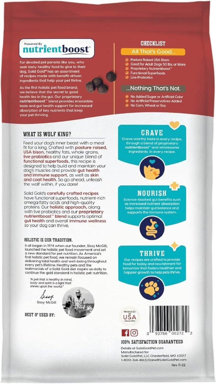 Solid Gold Large Breed Adult Dry Dog Food Whole Grain Kibble with Real Bison, Brown Rice, Sweet Potato and Omega 3 Fish Oil for Dogs, Probiotics - Nutrientboost - 22 LB