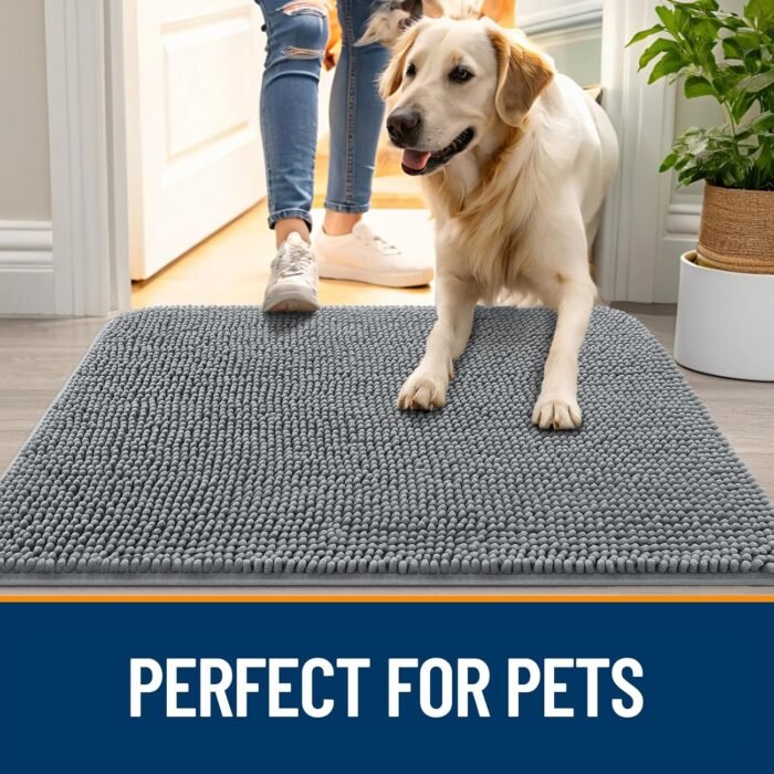 OLANLY Dog Door Mat for Muddy Paws 30x20, Absorbs Moisture and Dirt, Absorbent Non-Slip Washable Doormat, Quick Dry Chenille Mud Mat for Dogs, Entry Indoor Entryway Carpet for Inside Floor, Grey