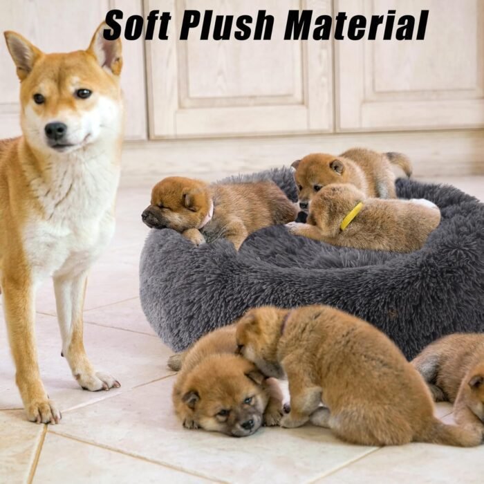 Calming Dog Bed, Dog Beds for Small Melium Dogs, Fluffy Donut Dog & Cat Bed Washable, Round Anti Anxiety Dog Bed, Small Dog Bed with Non-Slip Bottom (Dark Grey, 17" x 17")