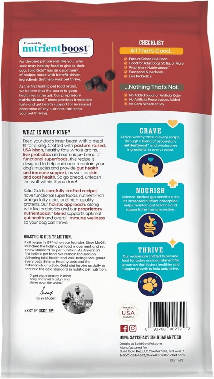 Solid Gold Large Breed Adult Dry Dog Food Whole Grain Kibble with Real Bison, Brown Rice, Sweet Potato and Omega 3 Fish Oil for Dogs, Probiotics - Nutrientboost - 22 LB