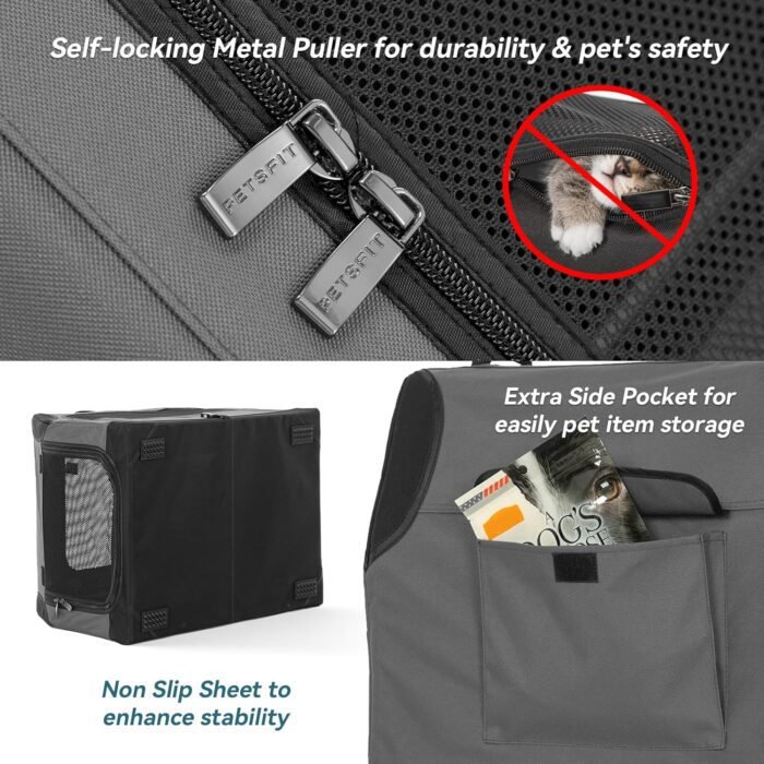 PETSFIT Travel Dog Crate, Soft Dog Crate - 30 Inch Sturdy Adjustable Structure, Easy to Set Up, Dog Crate for Car, Light Tough with 3 Mesh Doors Grey