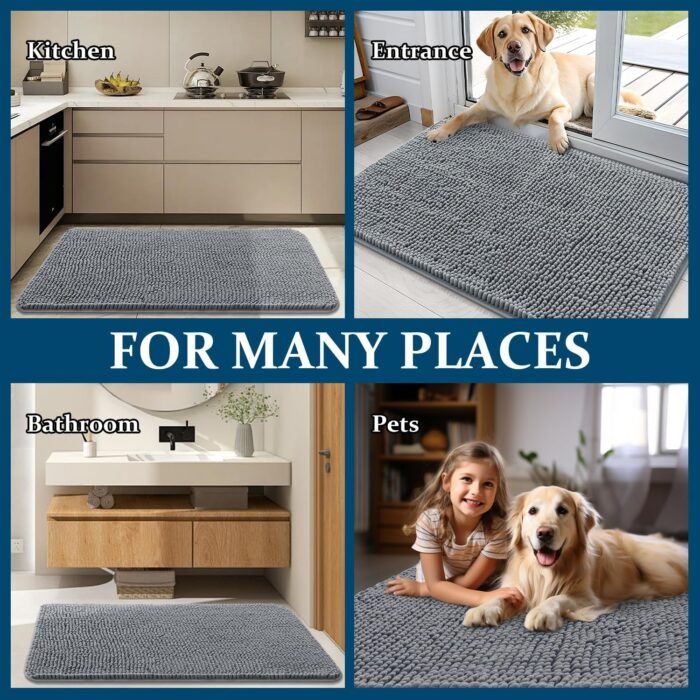 OLANLY Dog Door Mat for Muddy Paws 30x20, Absorbs Moisture and Dirt, Absorbent Non-Slip Washable Doormat, Quick Dry Chenille Mud Mat for Dogs, Entry Indoor Entryway Carpet for Inside Floor, Grey