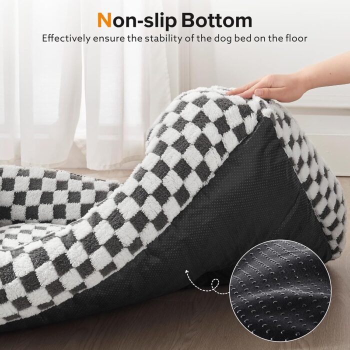 JOEJOY Dog Beds for Small Dogs -Cute Cat Beds for Indoor Cats Calming Pet Beds, Rectangle Orthopedic Cuddle Puppy Bed with Jacquard Shaggy Plush & Anti Slip Bottom, 20x19x6inches, Grey