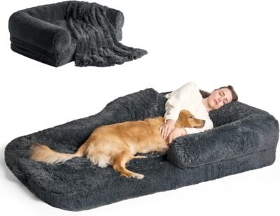 EHEYCIGA Foldable Human Dog Bed for Adult, Orthopedic Memory Foam Dog Bed for Humans, Waterproof Human Dog Bed for People, Faux Fur Human Sized Dog Bed, Dark Grey, 72"x44"x11"