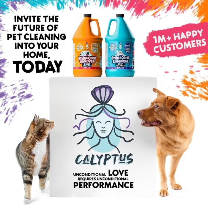 Calyptus Pet Stain and Odor Remover | Orange and Enzyme Cleaner Duo Solution for Pets | 128oz (64oz x 2 Bottles) | Carpet Cleaner and Odor Eliminator for Cat Urine, Dog Pee, and Poop | Pro Strength