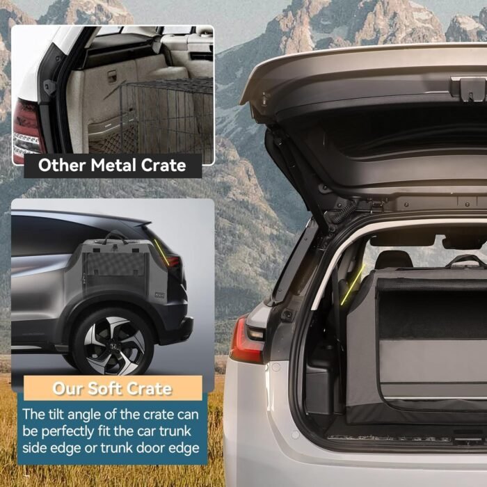 PETSFIT Travel Dog Crate, Soft Dog Crate - 30 Inch Sturdy Adjustable Structure, Easy to Set Up, Dog Crate for Car, Light Tough with 3 Mesh Doors Grey