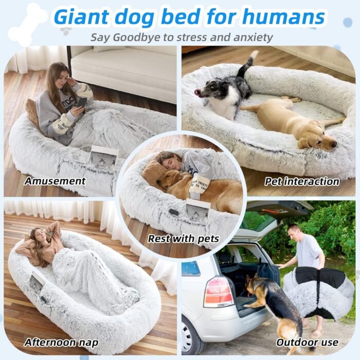 Human Dog Bed, 71"x45"x12" Dog Beds for Humans Size Fits You and Pets, Washable Faux Fur Human Dog Bed for People Doze Off, Napping Orthopedic Dog Bed, Present Plump Pillow, Blanket, Strap - Grey