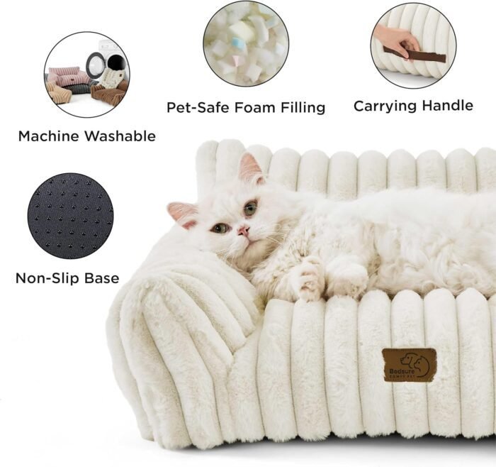 Bedsure Cute Couch for Pets - Fluffy Cat Sofa with Premium Soft Corduroy Fleece, Fuzzy Couch Bed with Removable Washable Cover, Supportive Cat Chair for Indoor Cats, 24inch, Cream