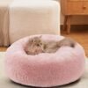 OhGeni Calming Donut Cat Bed Pillow for Small Pets, Machine Washable Removable Cover, Comfort Plush Fluffy Faux Fur with Anti-Slip Bottom, Dogs-Friendly Round Cuddly Design, Pink, 20 inches