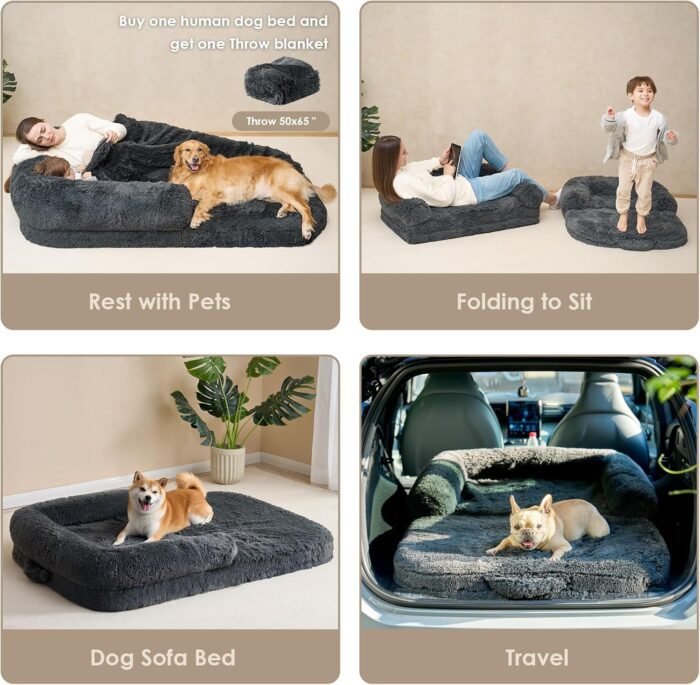 EHEYCIGA Foldable Human Dog Bed for Adult, Orthopedic Memory Foam Dog Bed for Humans, Waterproof Human Dog Bed for People, Faux Fur Human Sized Dog Bed, Dark Grey, 72"x44"x11"
