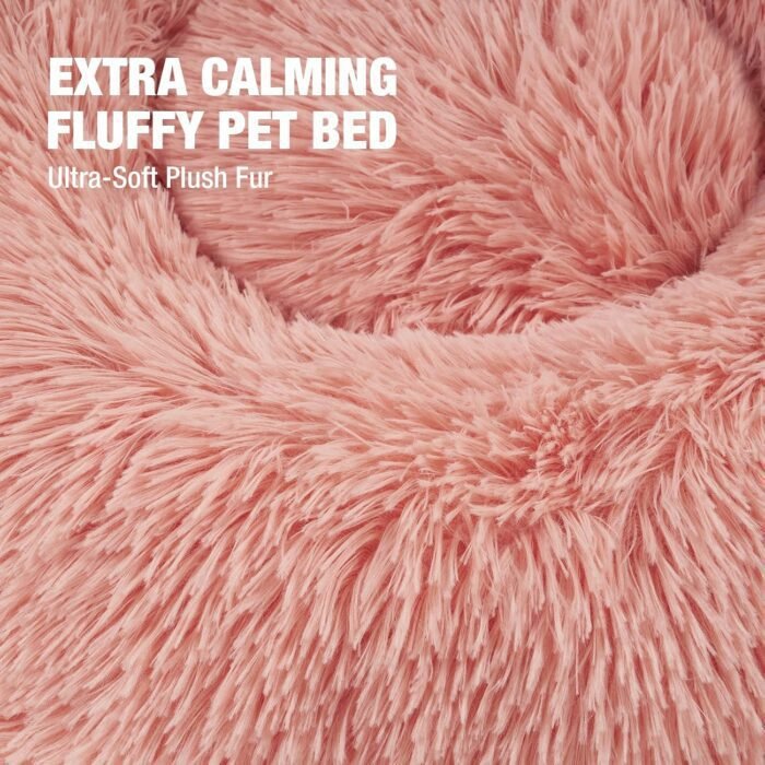 Veehoo Calming Cat Bed & Dog Bed, Anti-Anxiety Donut-Shaped, Plush Faux Fur & Cotton, 20" Pink, Machine Washable, 15 lbs Max Weight