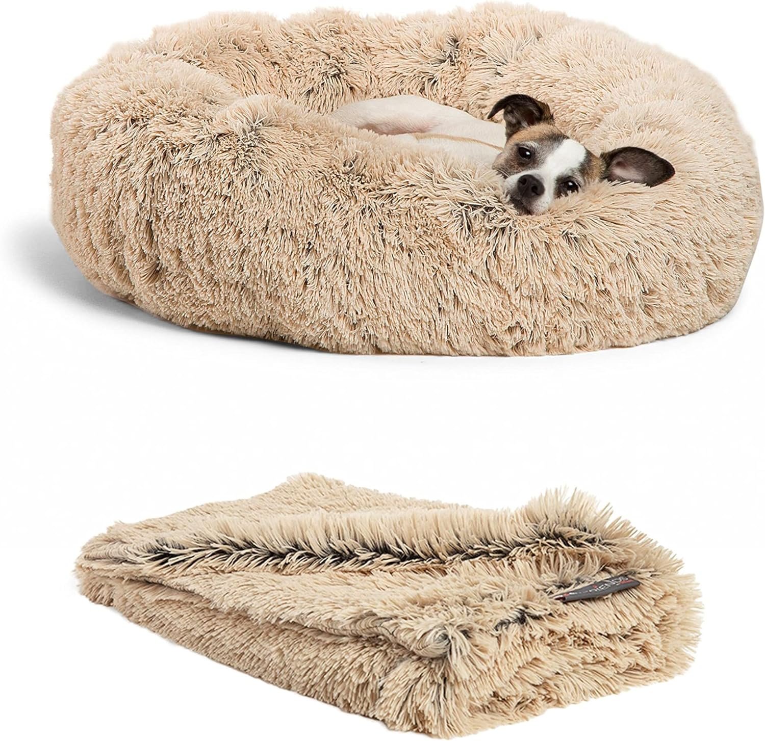 Bundle Set The Original Calming Shag Donut Cuddler Cat and Dog Bed + Pet Throw Blanket, Taupe, Small, 23×23