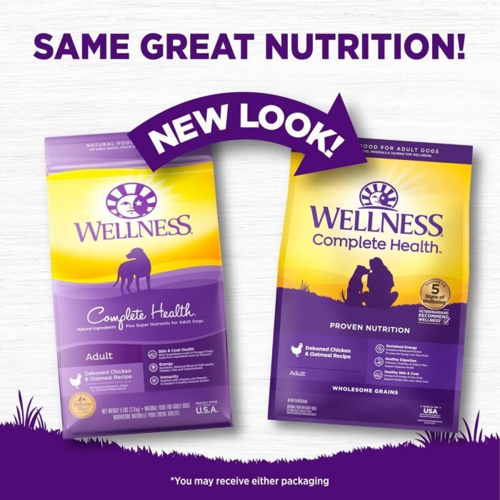 81YBe7f-gfL._AC_SL1500_.jpg Wellness Complete Health Dry Dog Food with Grains, Natural Ingredients, Made in USA with Real Meat, All Breeds, For Adult Dogs (Chicken & Oatmeal, 15-Pound Bag)