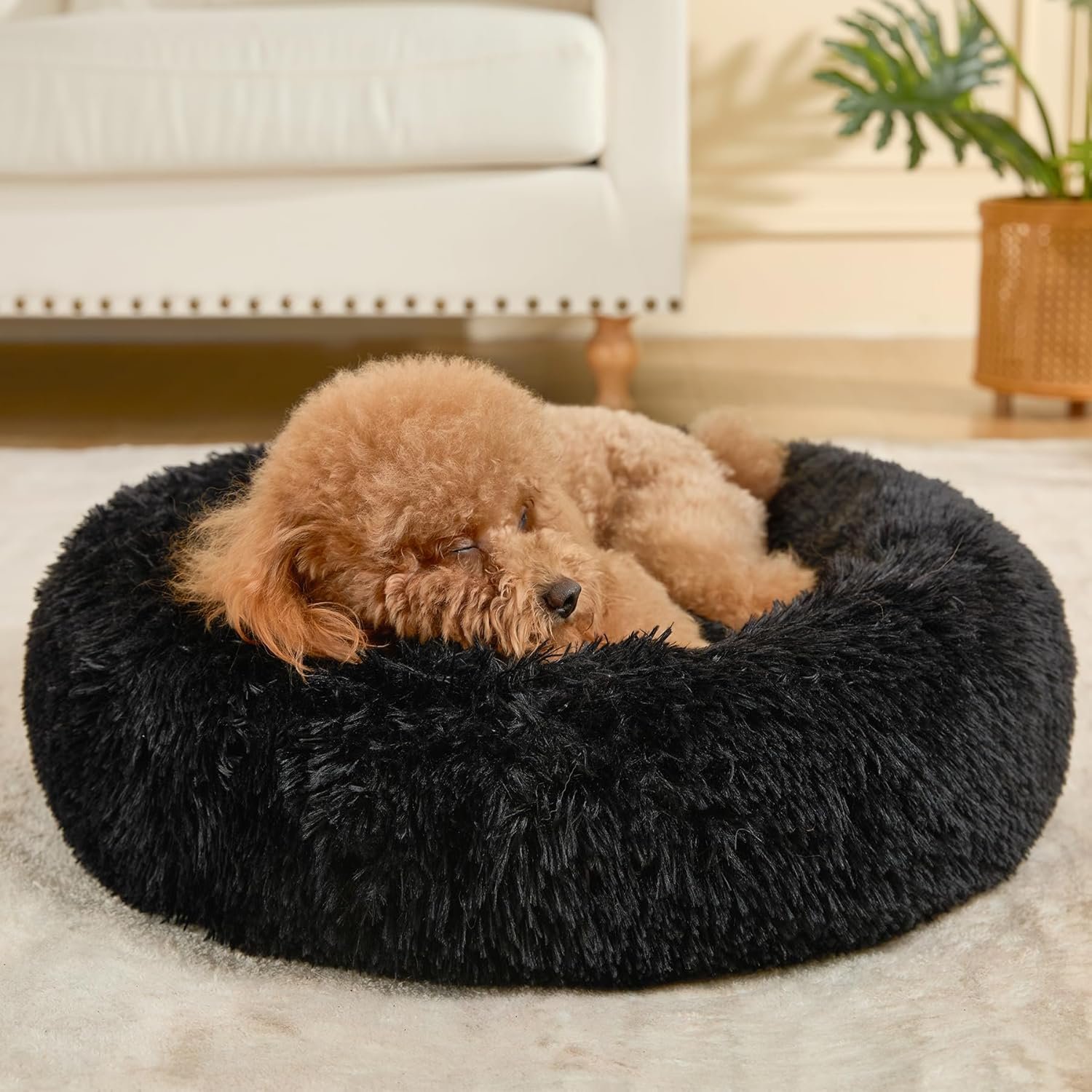 Dog Bed Calming Dog Beds for Small Medium Large Dogs – Round Donut Washable Puppy Dog Bed, Anti-Slip Faux Fur Fluffy Donut Cuddle Anxiety Cat Pet Bed(24” Black)