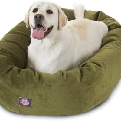 Majestic Pet 40 Inch Micro Velvet Calming Dog Bed Washable – Cozy Soft Round Dog Bed with Spine for Head Support - Fluffy Donut Dog Bed 40x29x9 (inch) – Round Pet Bed Large – Fern