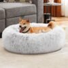 Sweetcrispy Calming Donut Dog & Cat Bed, Machine Washable Cuddle Warming Cozy Fluffy Faux Fur Plush Round Dog Bed, Anti-Anxiety Waterproof Anti-Slip Pet Bed for Small Medium Dogs and Cats,24 inches - Image 2