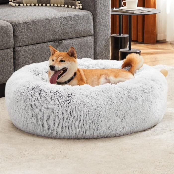 Sweetcrispy Calming Donut Dog & Cat Bed, Machine Washable Cuddle Warming Cozy Fluffy Faux Fur Plush Round Dog Bed, Anti-Anxiety Waterproof Anti-Slip Pet Bed for Small Medium Dogs and Cats,24 inches