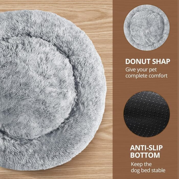 JOLLYVOGUE Small Calming Dog Bed, Anti-Anxiety Donut Cuddler Cat Bed with Anti-Slip Bottom, Fluffy Faux Fur Machine Washable Pet Cushion for Small Medium Dog & Cat, 20"