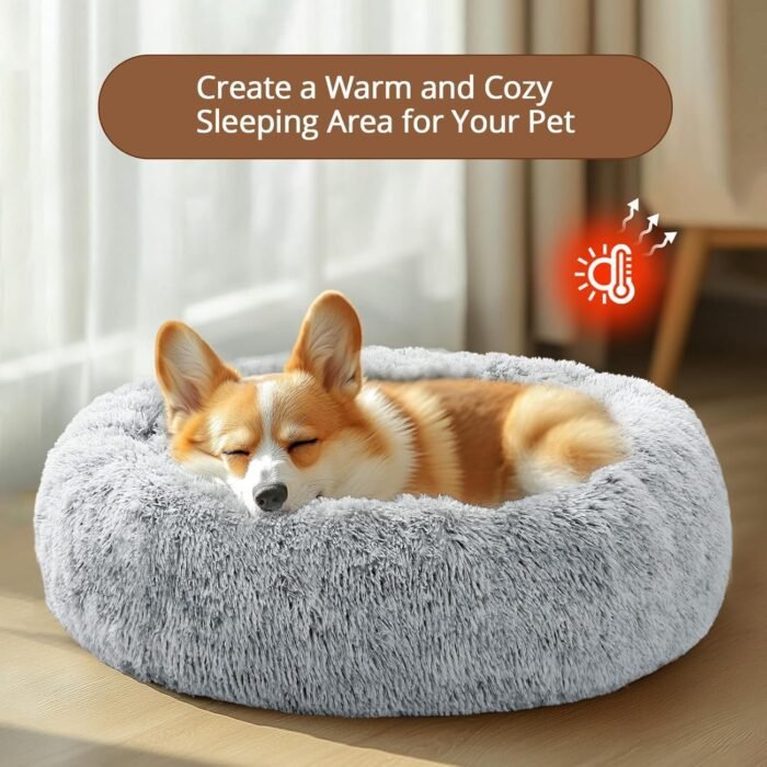 JOLLYVOGUE Small Calming Dog Bed, Anti-Anxiety Donut Cuddler Cat Bed with Anti-Slip Bottom, Fluffy Faux Fur Machine Washable Pet Cushion for Small Medium Dog & Cat, 20"