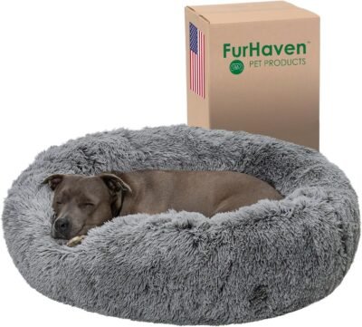 Furhaven 36" Round Calming Donut Dog Bed for Large/Medium Dogs, Refillable w/ Removable Washable Cover, For Dogs Up to 75 lbs - Shaggy Plush Long Faux Fur Donut Bed - Gray, Large