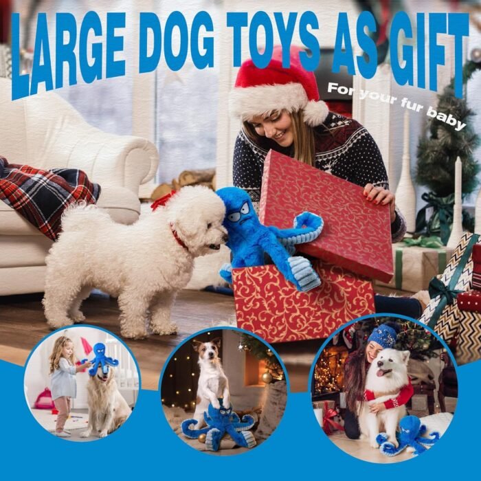 LEGEND SANDY Tough Dog Toys, Stuffed Dog Chew Toys, Large Dog Toys to Keep Them Busy, Interactive Dog Toys, Squeaky Dog Toys, Tug of War Dog Toy, Crinkle Dog Toy (Blue Octopus)