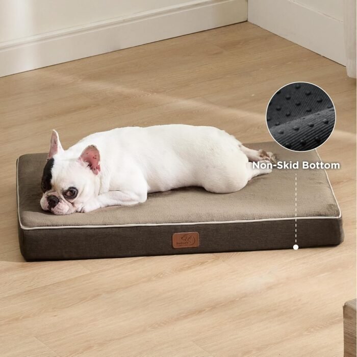 Bedsure Memory Foam Dog Bed for Medium Dogs - Orthopedic Waterproof Pet Mat for Crate with Removable Washable Cover and Nonskid Bottom - Water-Resistant Plush Flannel Fleece Top Pet Bed, Brown