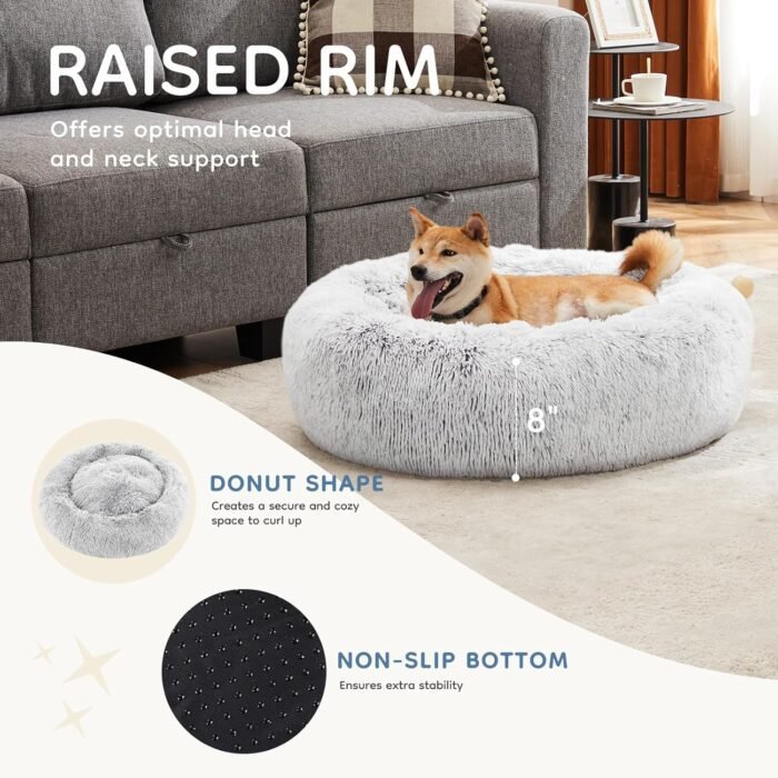 Sweetcrispy Calming Donut Dog & Cat Bed, Machine Washable Cuddle Warming Cozy Fluffy Faux Fur Plush Round Dog Bed, Anti-Anxiety Waterproof Anti-Slip Pet Bed for Small Medium Dogs and Cats,24 inches