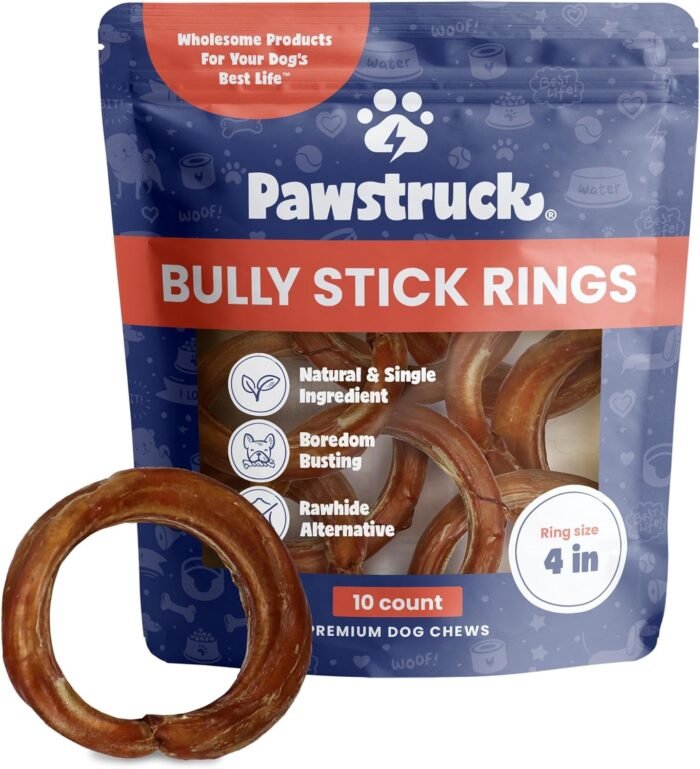 Pawstruck All-Natural 4" Bully Stick Rings for Dogs - Rawhide-Free, Pawstruck All-Natural 4" Bully Stick Rings for Dogs - Rawhide-Free, 100% Beef, Single Ingredient Dental Chew Bones - Fully Digestible, Low Odor - 10 Count - Packaging May Vary