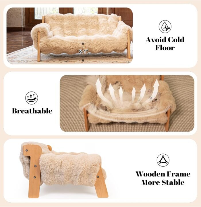 Raised Cat Couch Bed for Indoor Cats, Elevated Dog Sofa Recliner Fluffy Pet Lounge Chair Suitable for Small and Medium Dog, Wooden Cat Furniture(Cat Sofa Khaki)