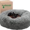 Furhaven 30" Round Calming Donut Dog Bed for Medium/Small Dogs, Refillable w/ Removable Washable Cover, For Dogs Up to 45 lbs - Shaggy Plush Long Faux Fur Donut Bed - Gray, Medium