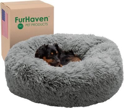 Furhaven 30" Round Calming Donut Dog Bed for Medium/Small Dogs, Refillable w/ Removable Washable Cover, For Dogs Up to 45 lbs - Shaggy Plush Long Faux Fur Donut Bed - Gray, Medium
