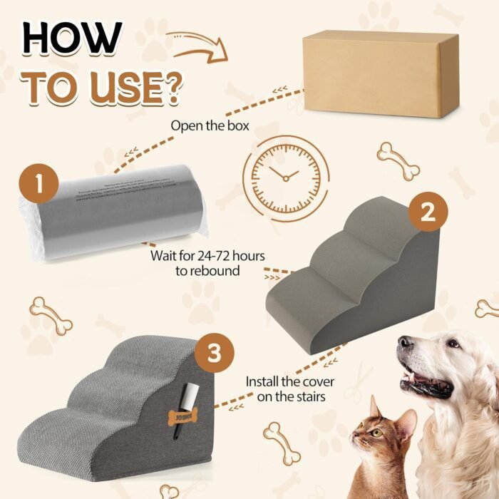 Romrol Dog Stairs Ramp for Beds Couches, Extra Wide Pet Steps with Durable Non-Slip Waterproof Fabric Cover, Dog Slope Stairs for Small Dogs and Cats or Pets Friendly, 3-Tiers,15 Inch